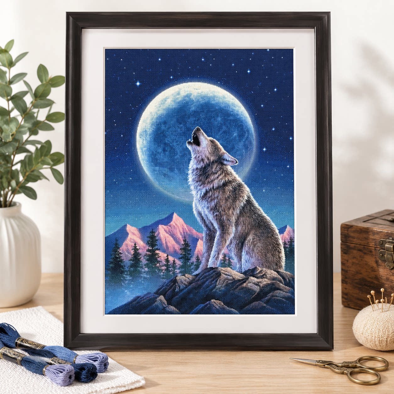 [ZZ9252-Lone Wolf Under the Mo - Cross Stitch Stamped Kits Beginners recension och pris